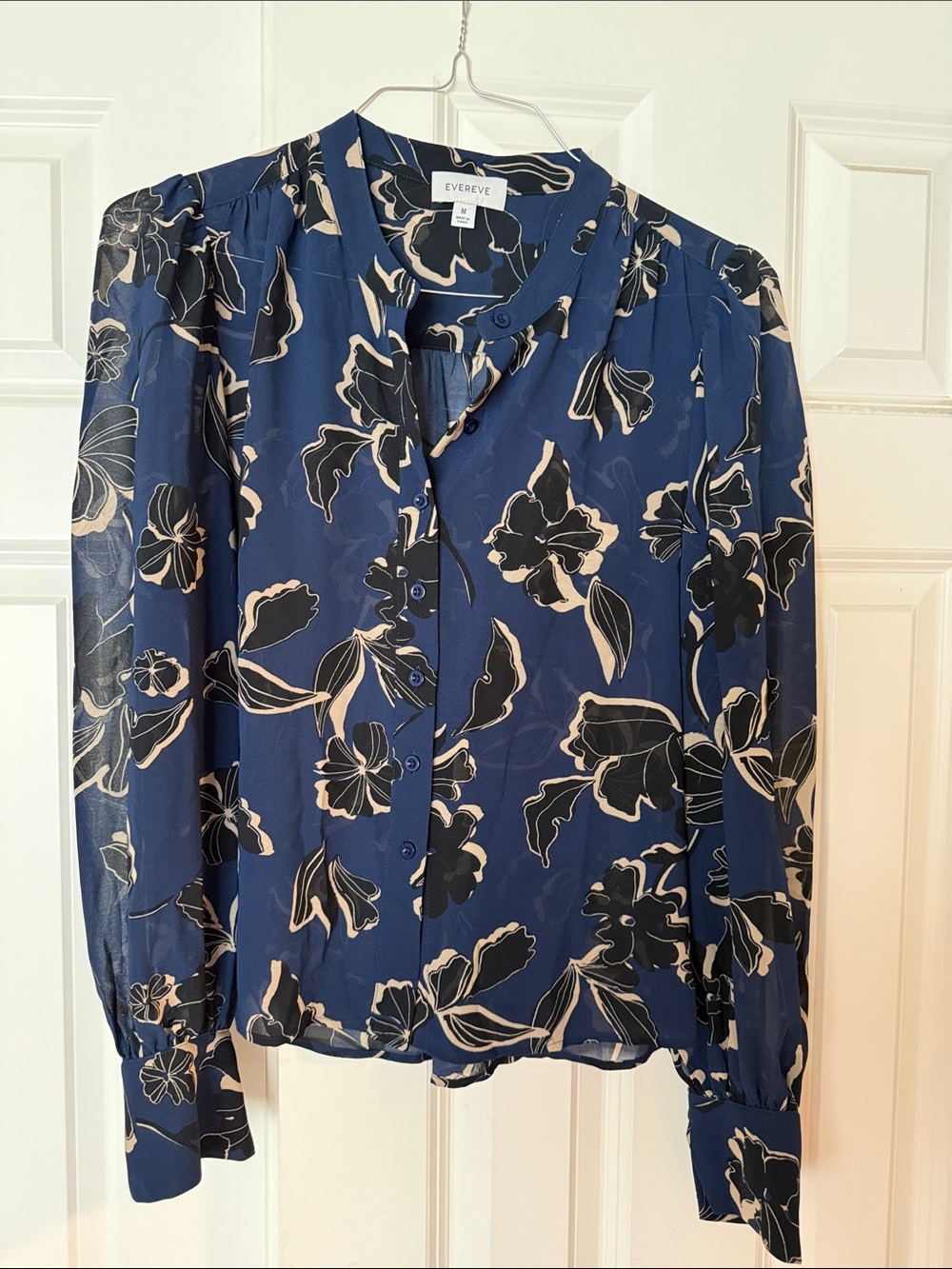 Evereve Navy Blue Floral Button-Front Blouse